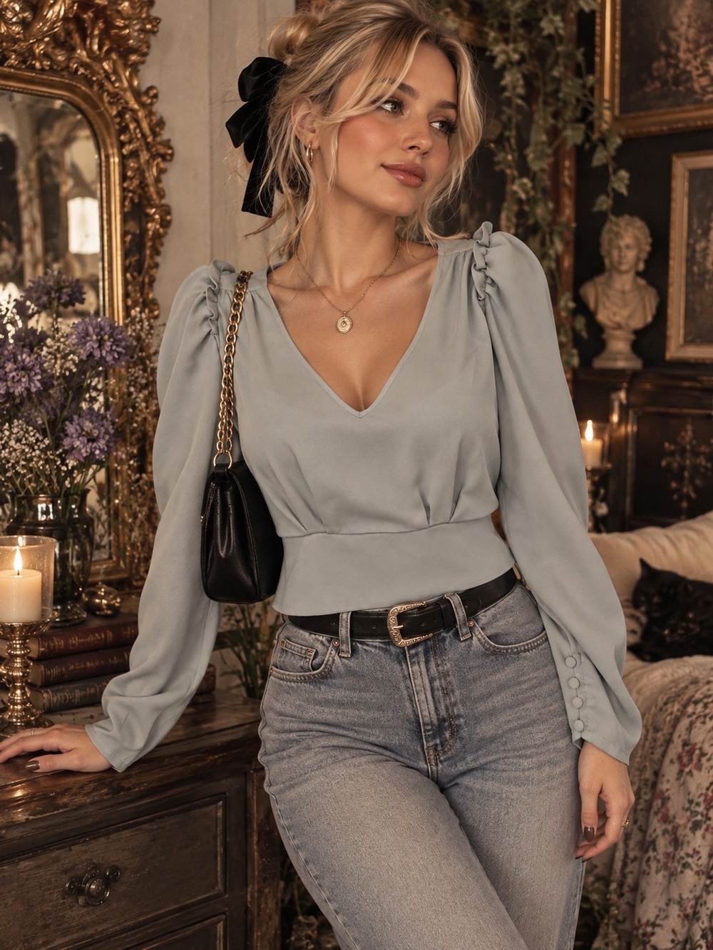 Express Sage V-Neck Puff-Sleeve Blouse